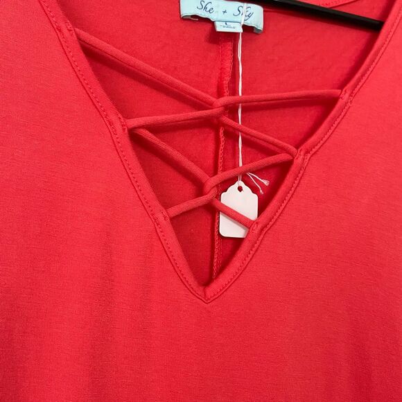 She + Sky Criss Cross Front Coral Cold Shoulder Long Sleeve Dress Large NWT - Picture 4 of 7